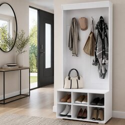White Hall Tree Shoe Rack with Bench and Coat Hooks