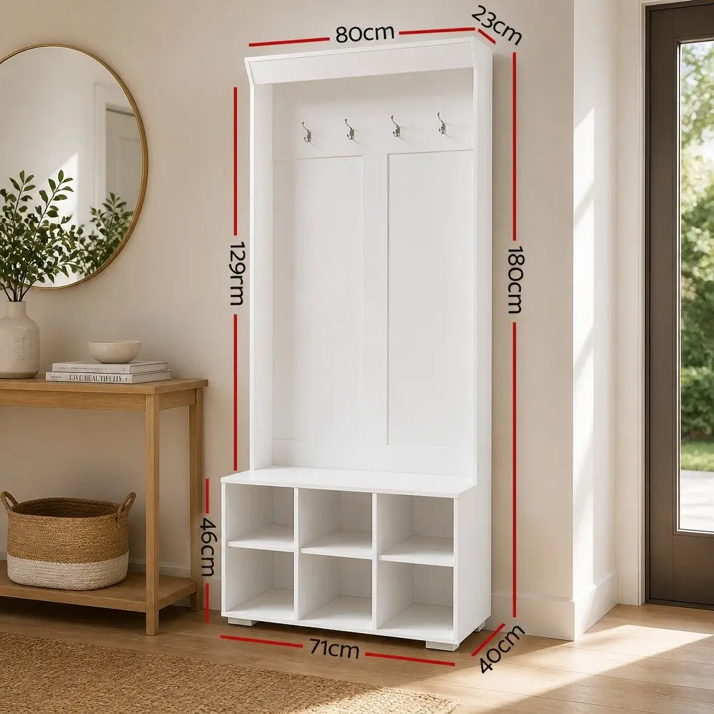 Hall Tree Shoe Rack Cabinet White 180cm Particleboard