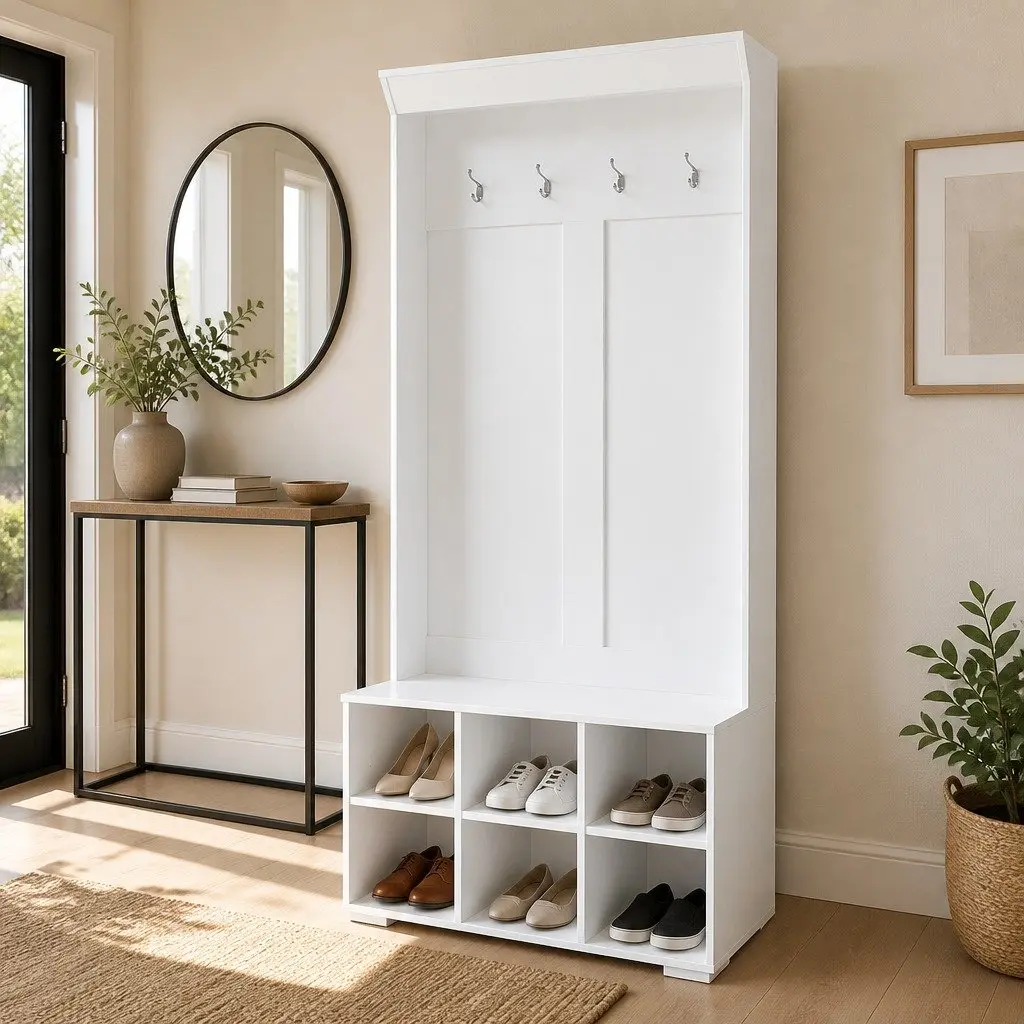 Hall Tree Shoe Rack Cabinet White 180cm Particleboard
