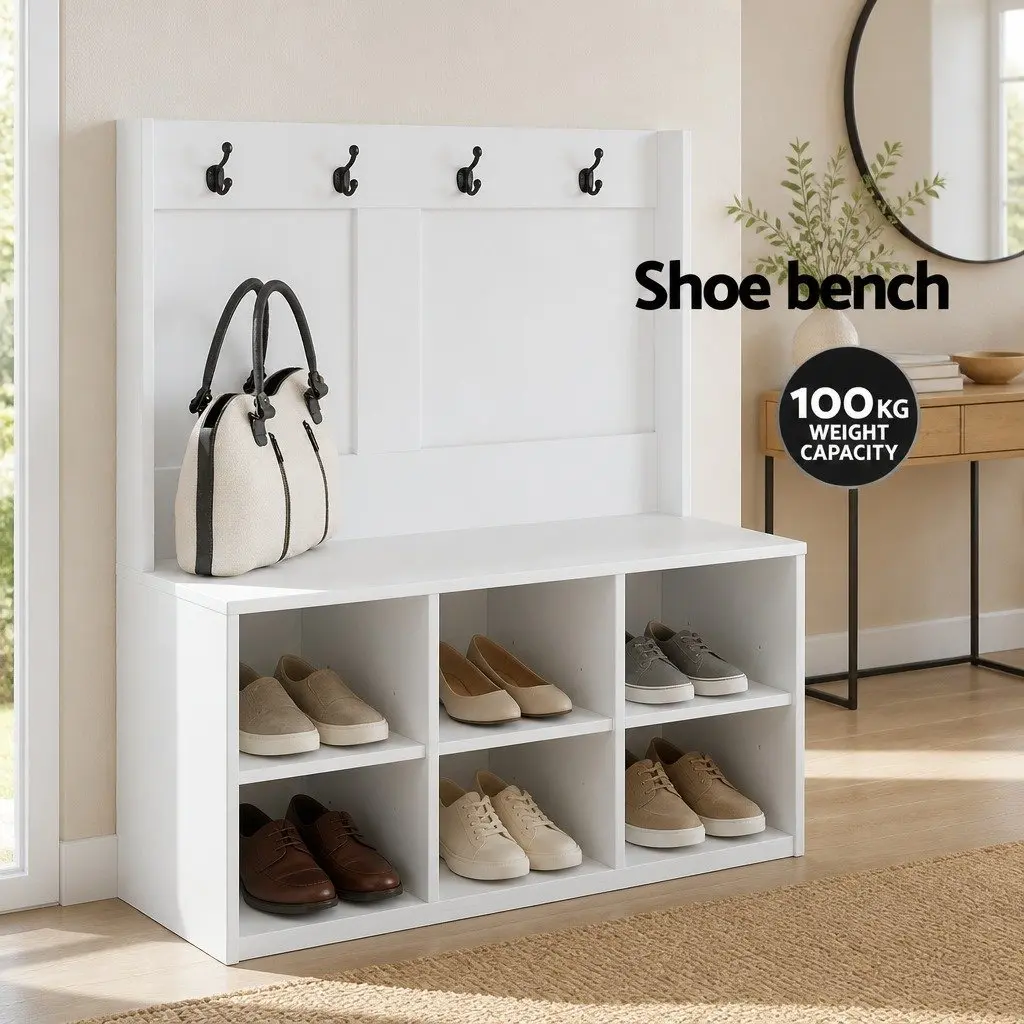 Hall Tree Shoe Rack Cabinet White 180cm Particleboard