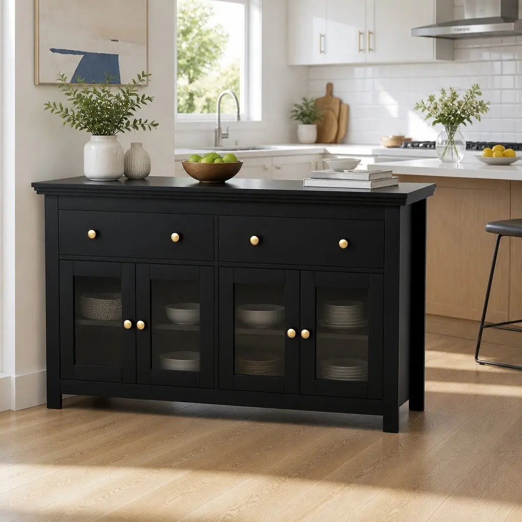 Buffet Sideboard Storage Cabinet Black 130cm Particle Board with Clear Glass Door and Drawers