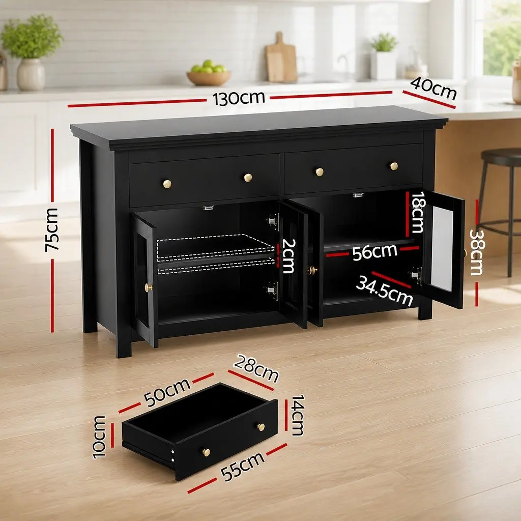 Buffet Sideboard Storage Cabinet Black 130cm Particle Board with Clear Glass Door and Drawers