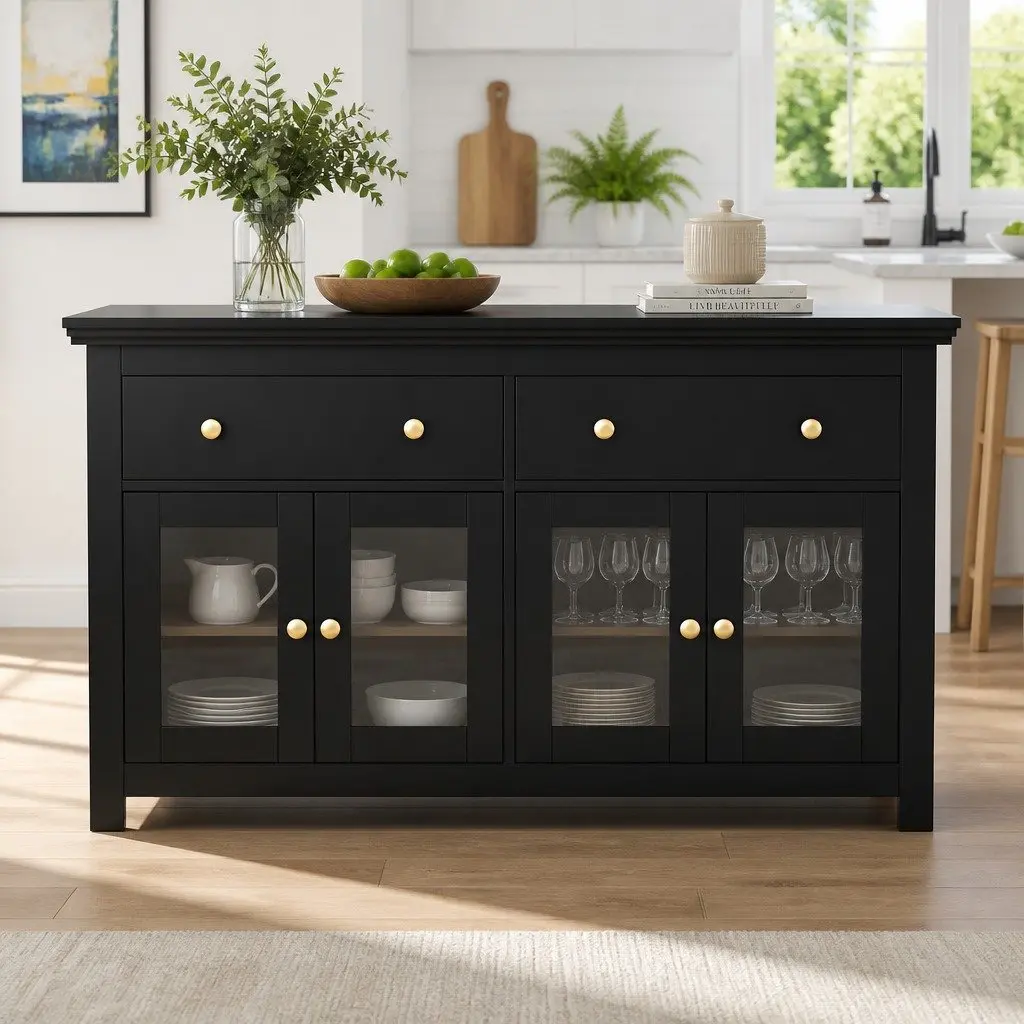 Buffet Sideboard Storage Cabinet Black 130cm Particle Board with Clear Glass Door and Drawers