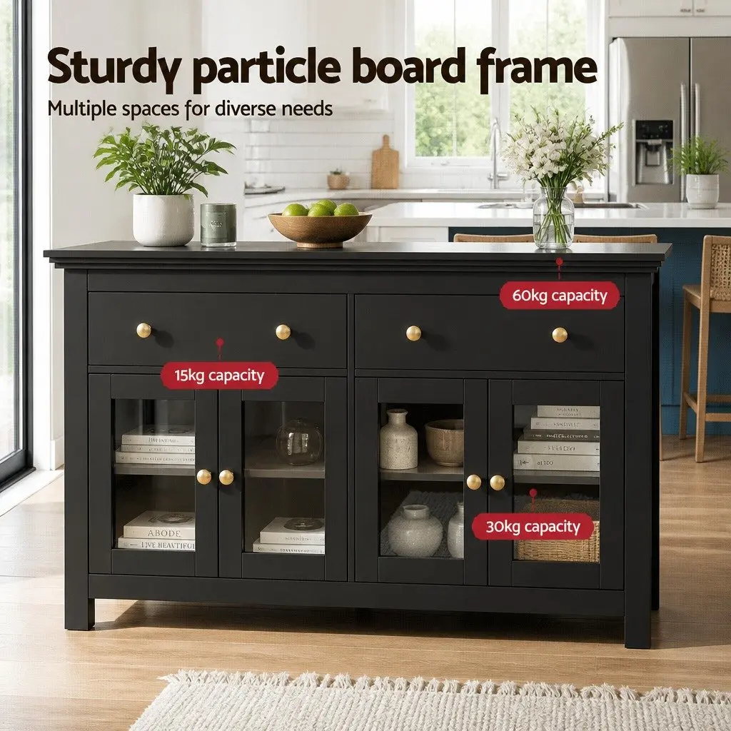 Buffet Sideboard Storage Cabinet Black 130cm Particle Board with Clear Glass Door and Drawers