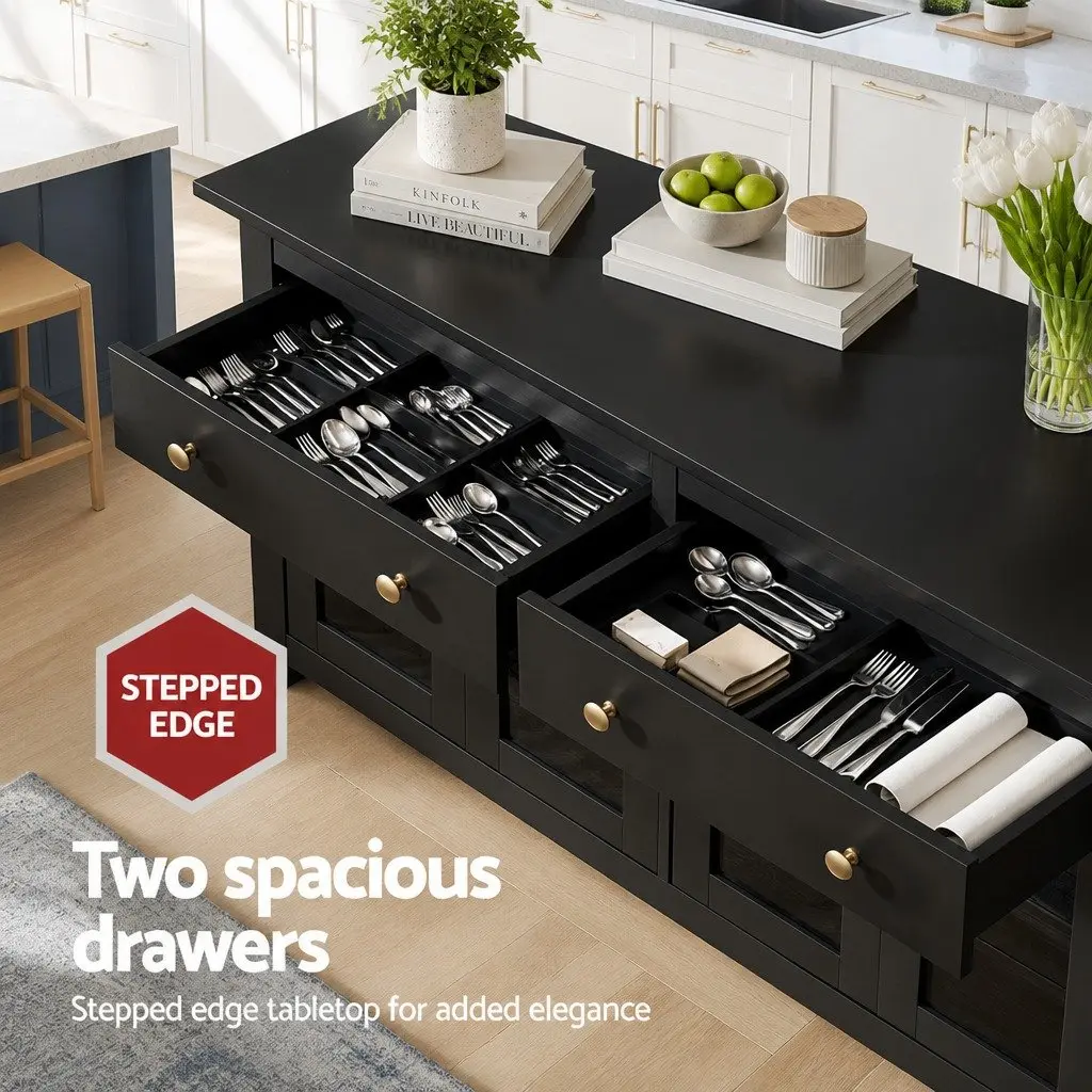 Buffet Sideboard Storage Cabinet Black 130cm Particle Board with Clear Glass Door and Drawers