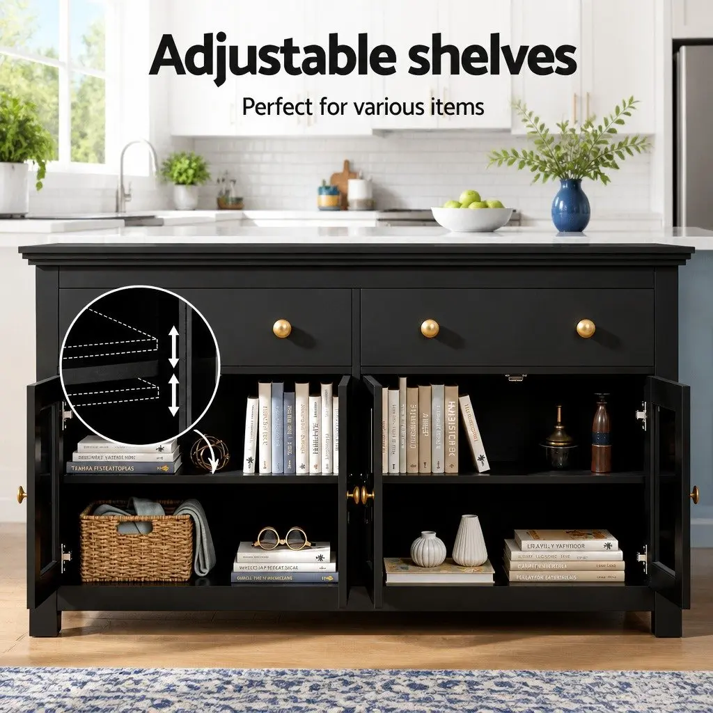 Buffet Sideboard Storage Cabinet Black 130cm Particle Board with Clear Glass Door and Drawers