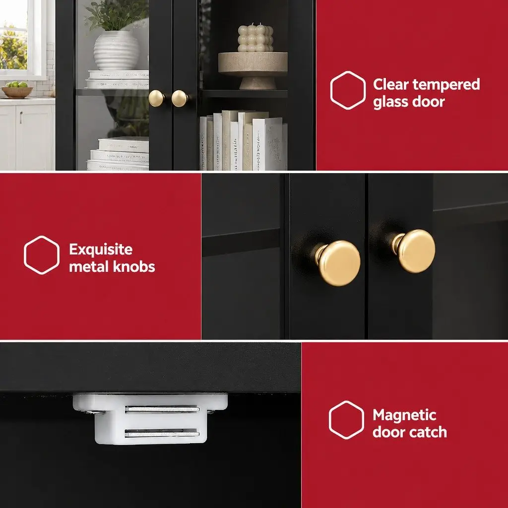 Buffet Sideboard Storage Cabinet Black 130cm Particle Board with Clear Glass Door and Drawers