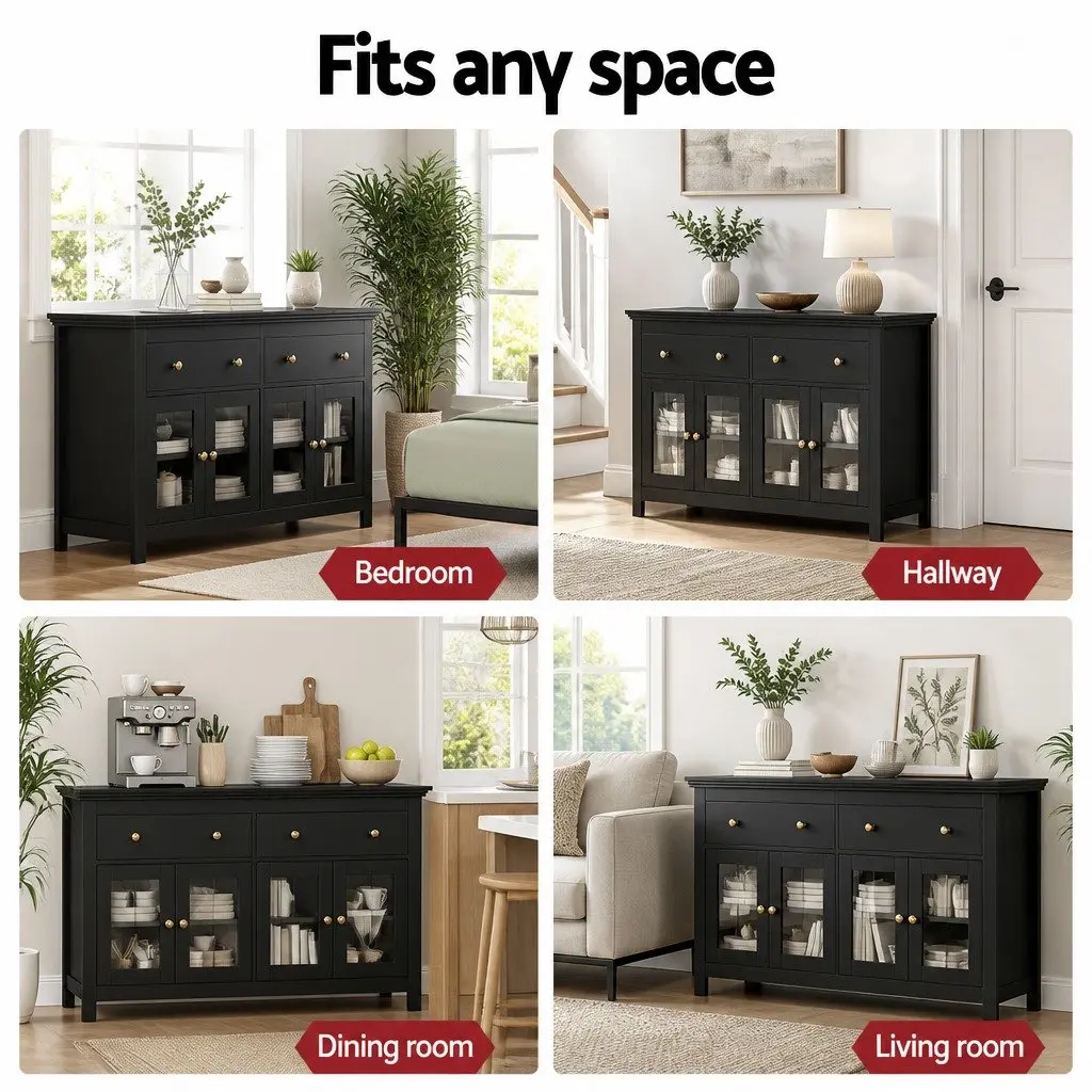 Buffet Sideboard Storage Cabinet Black 130cm Particle Board with Clear Glass Door and Drawers