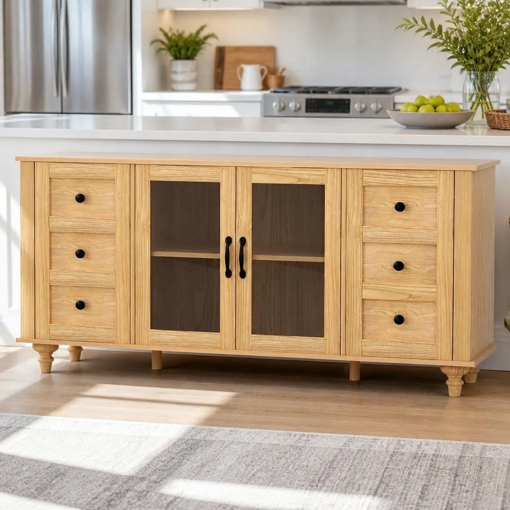 Pine Buffet Sideboard with Glass Panels and Faux Drawers