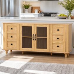 Pine Buffet Sideboard with Glass Panels and Faux Drawers