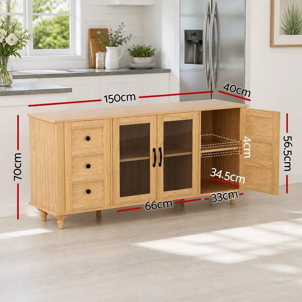 Buffet Sideboard Storage Cabinet Pine 150CM Particle Board MDF Tempered Glass