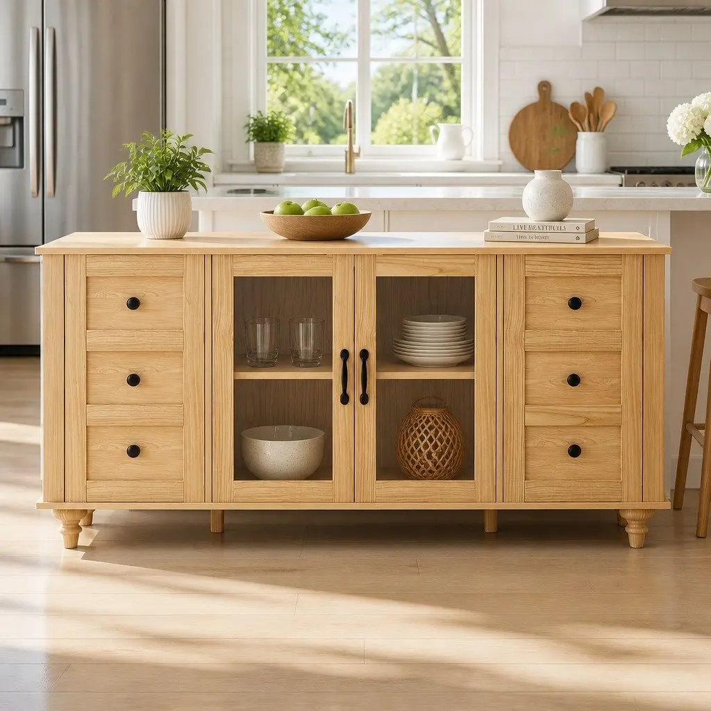 Buffet Sideboard Storage Cabinet Pine 150CM Particle Board MDF Tempered Glass