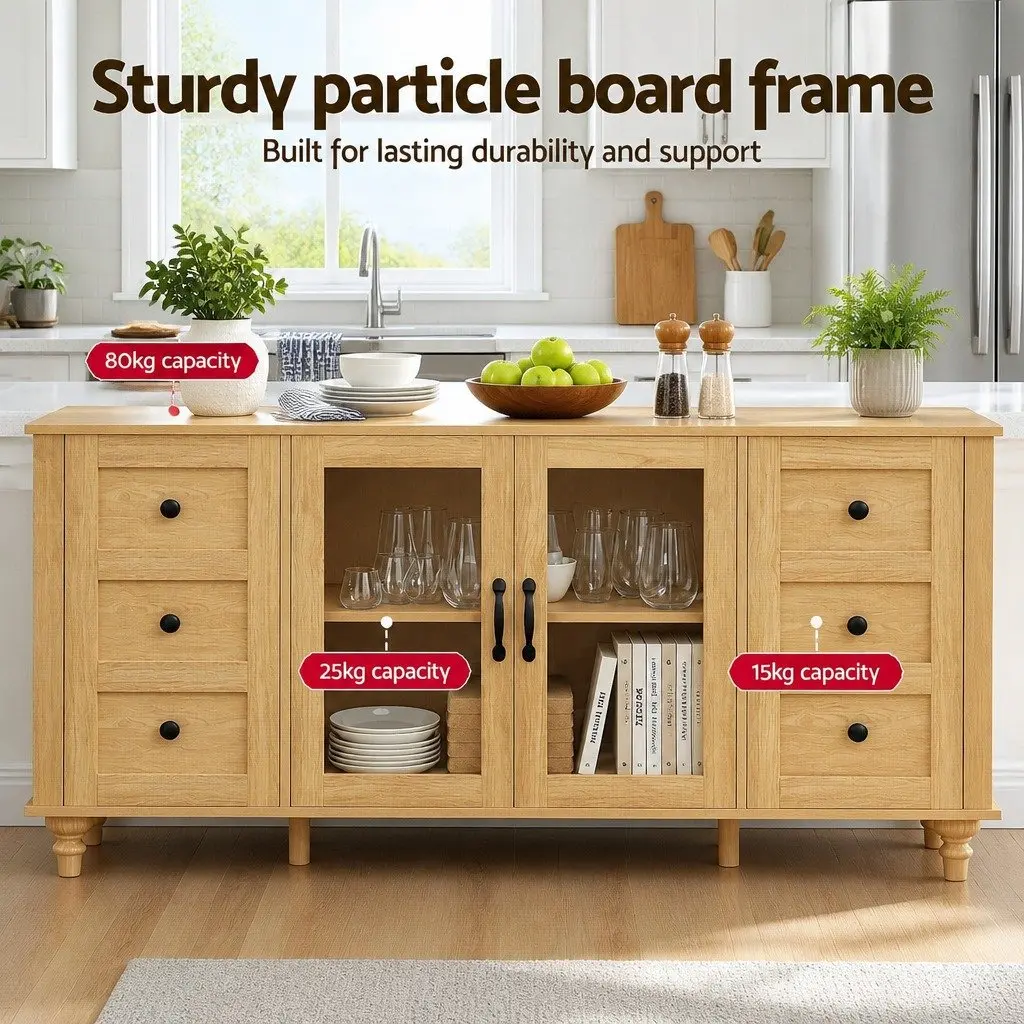 Buffet Sideboard Storage Cabinet Pine 150CM Particle Board MDF Tempered Glass