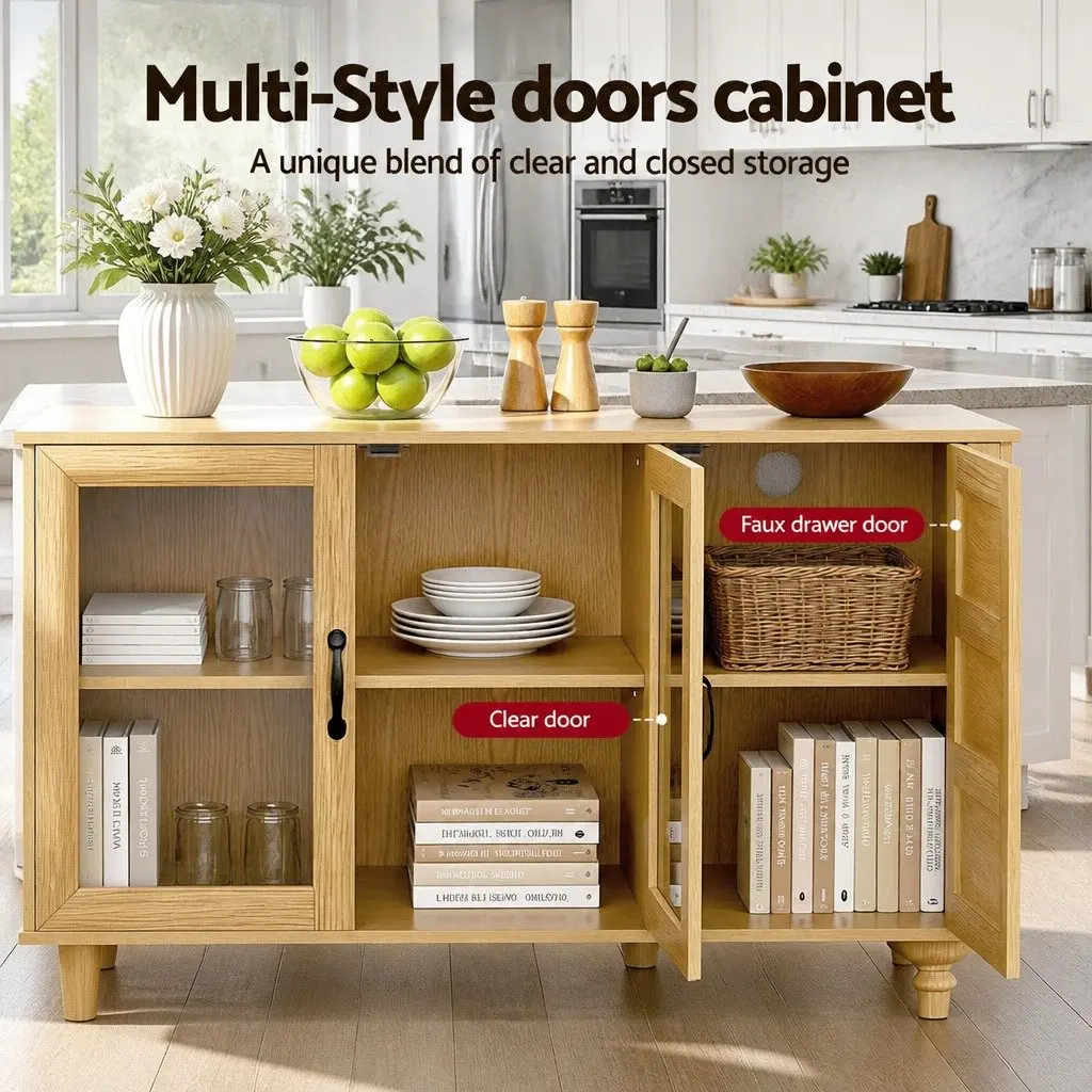 Buffet Sideboard Storage Cabinet Pine 150CM Particle Board MDF Tempered Glass