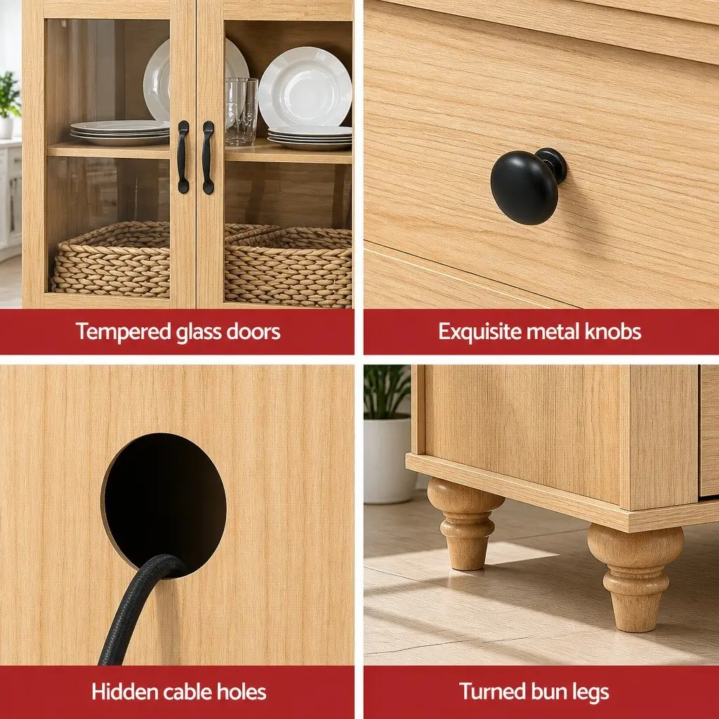 Buffet Sideboard Storage Cabinet Pine 150CM Particle Board MDF Tempered Glass
