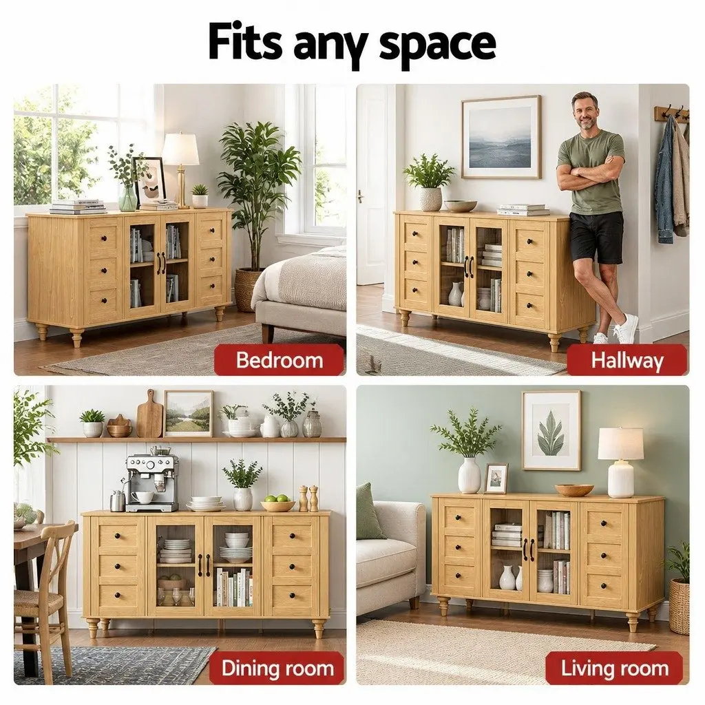 Buffet Sideboard Storage Cabinet Pine 150CM Particle Board MDF Tempered Glass