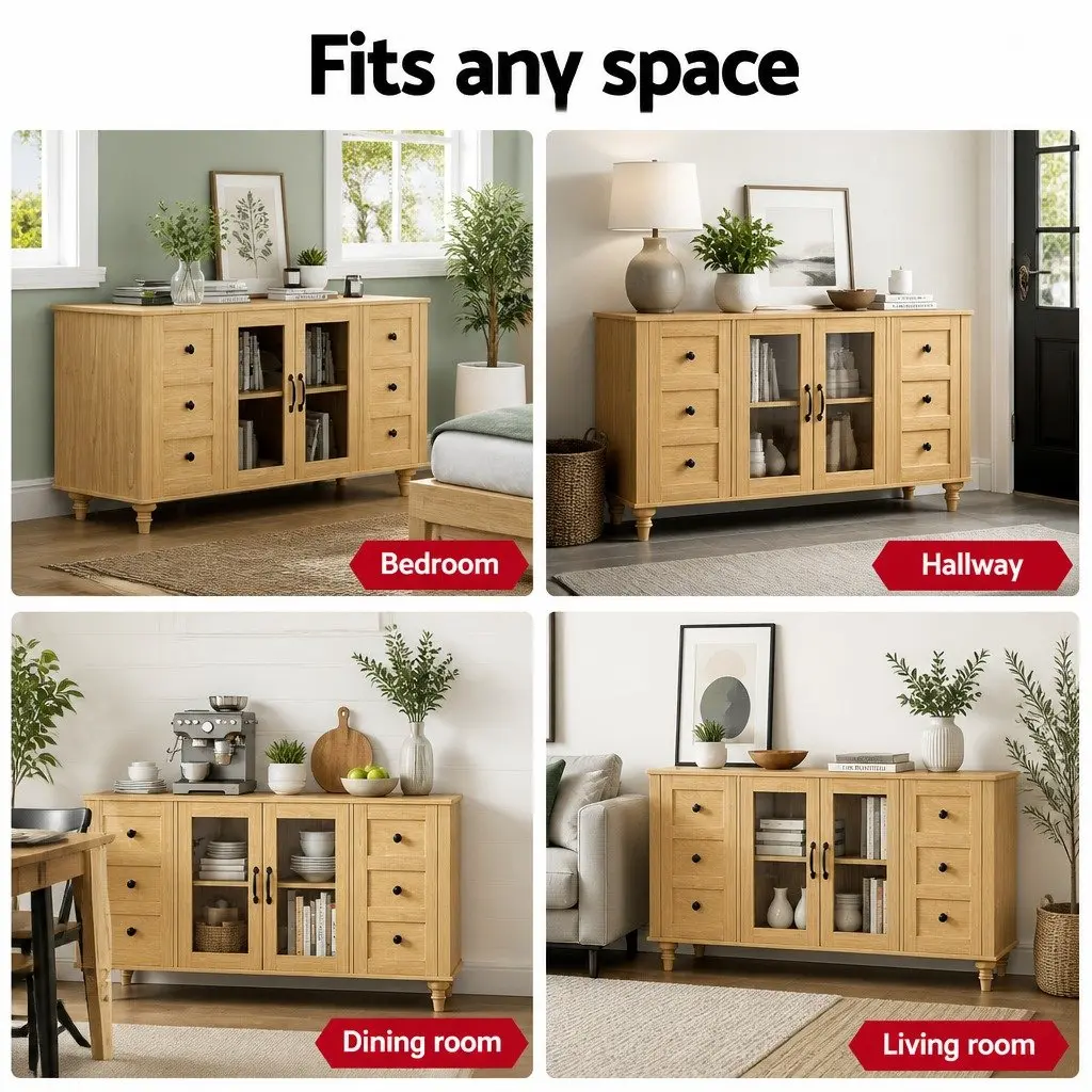 Buffet Sideboard Storage Cabinet Pine 150CM Particle Board MDF Tempered Glass