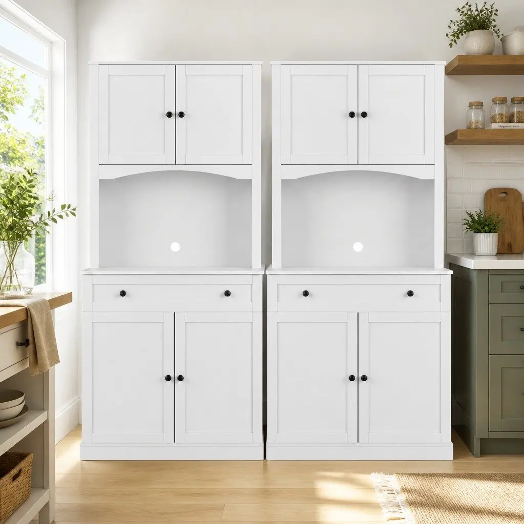 Buffet Sideboard Hutch Pantry Cabinet White 180cm High Set of 2 Particleboard MDF Metal
