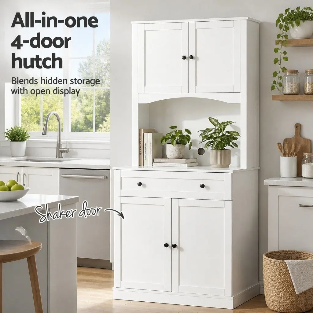 Buffet Sideboard Hutch Pantry Cabinet White 180cm High Set of 2 Particleboard MDF Metal