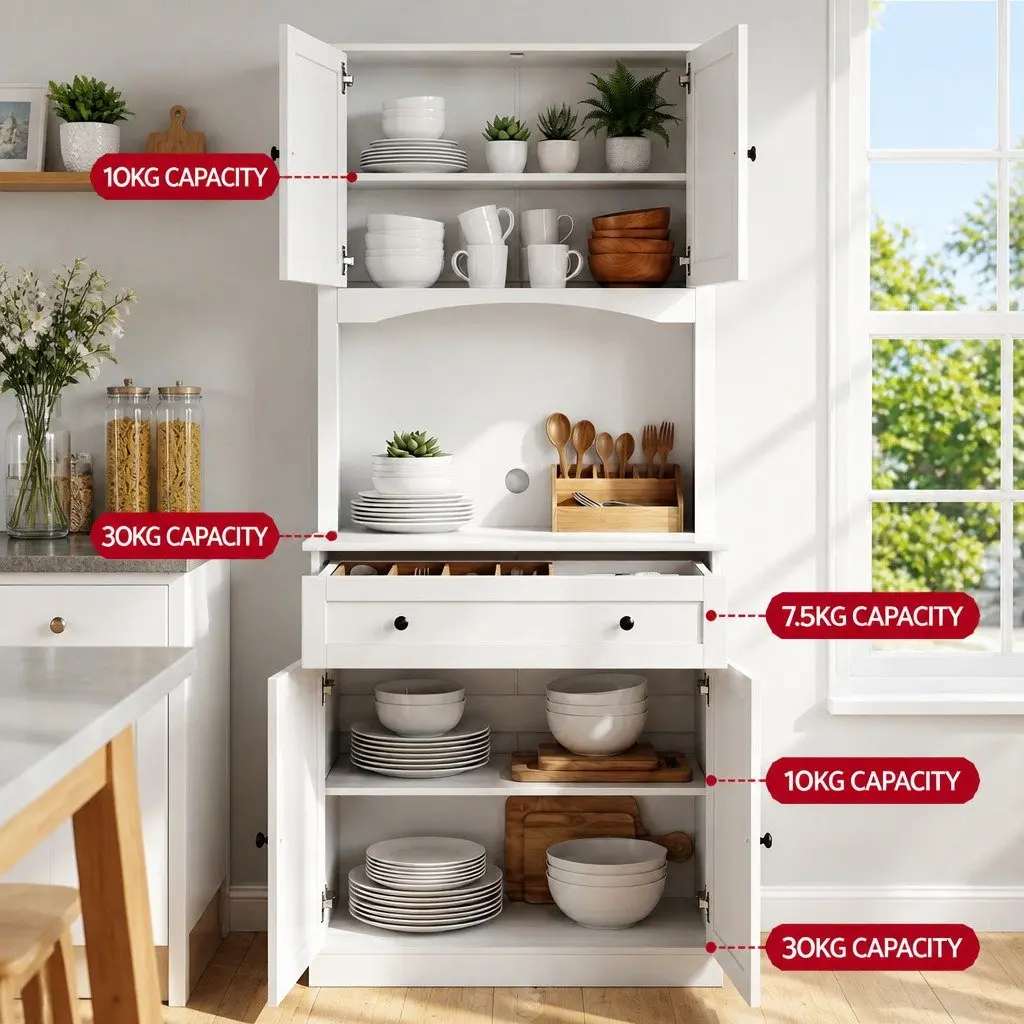 Buffet Sideboard Hutch Pantry Cabinet White 180cm High Set of 2 Particleboard MDF Metal
