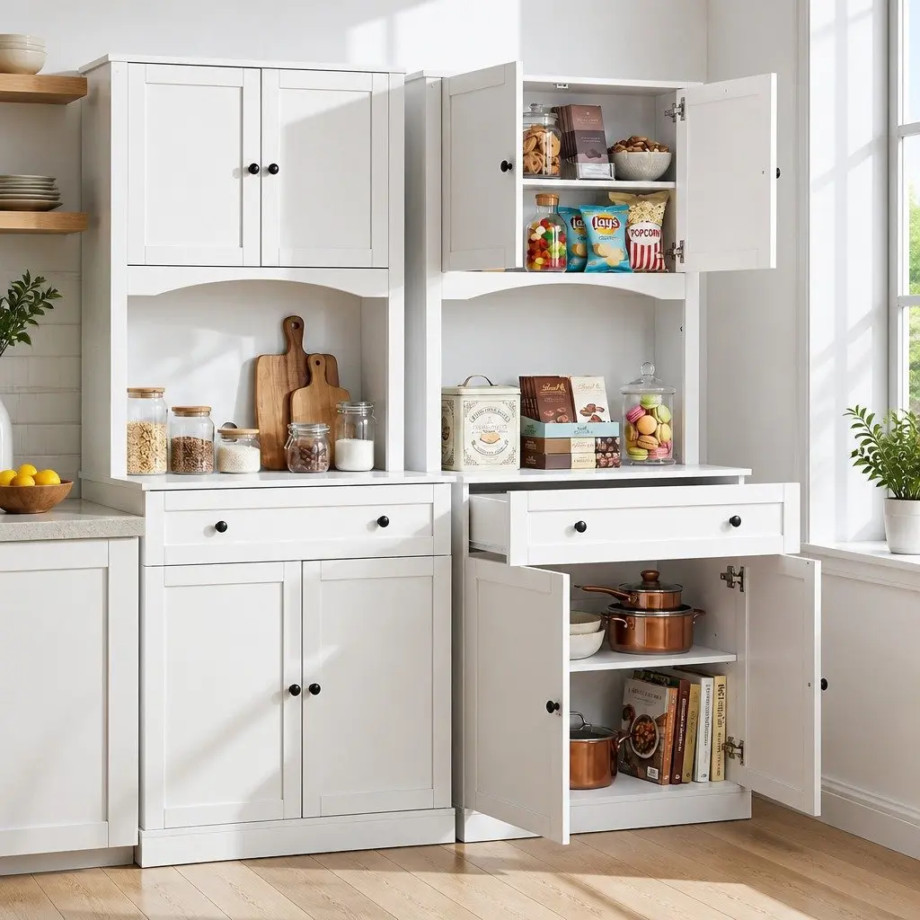 Buffet Sideboard Hutch Pantry Cabinet White 180cm High Set of 2 Particleboard MDF Metal
