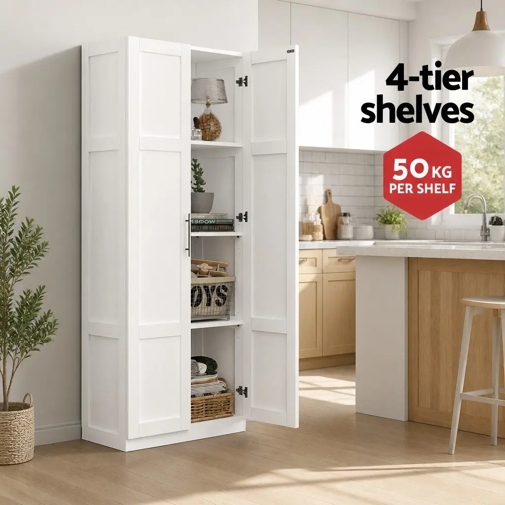 2 Door Storage Cabinet Cupboard Pantry Sideboard Tall Kitchen Living Room White