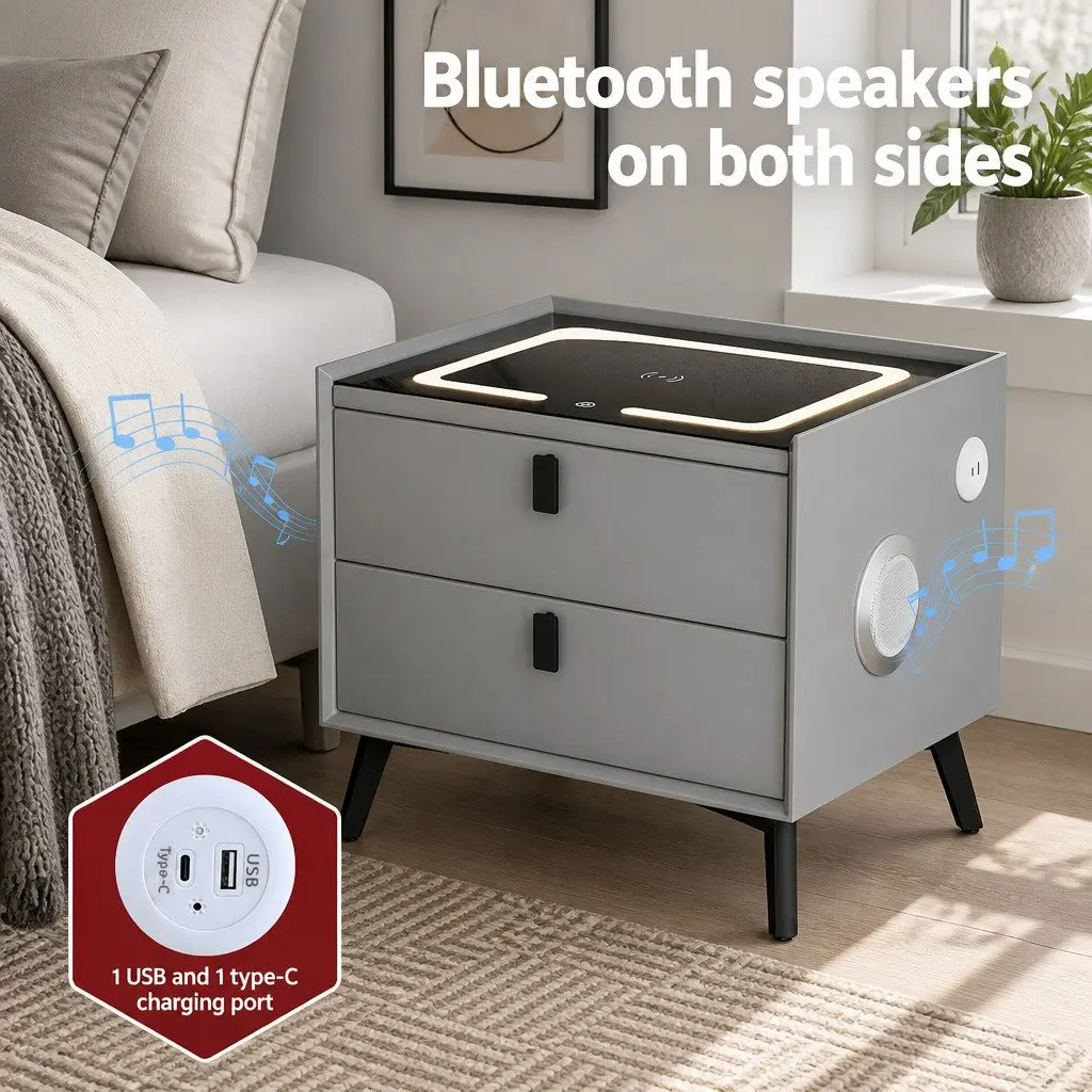Bedside Table with Wireless Charging and USB Ports