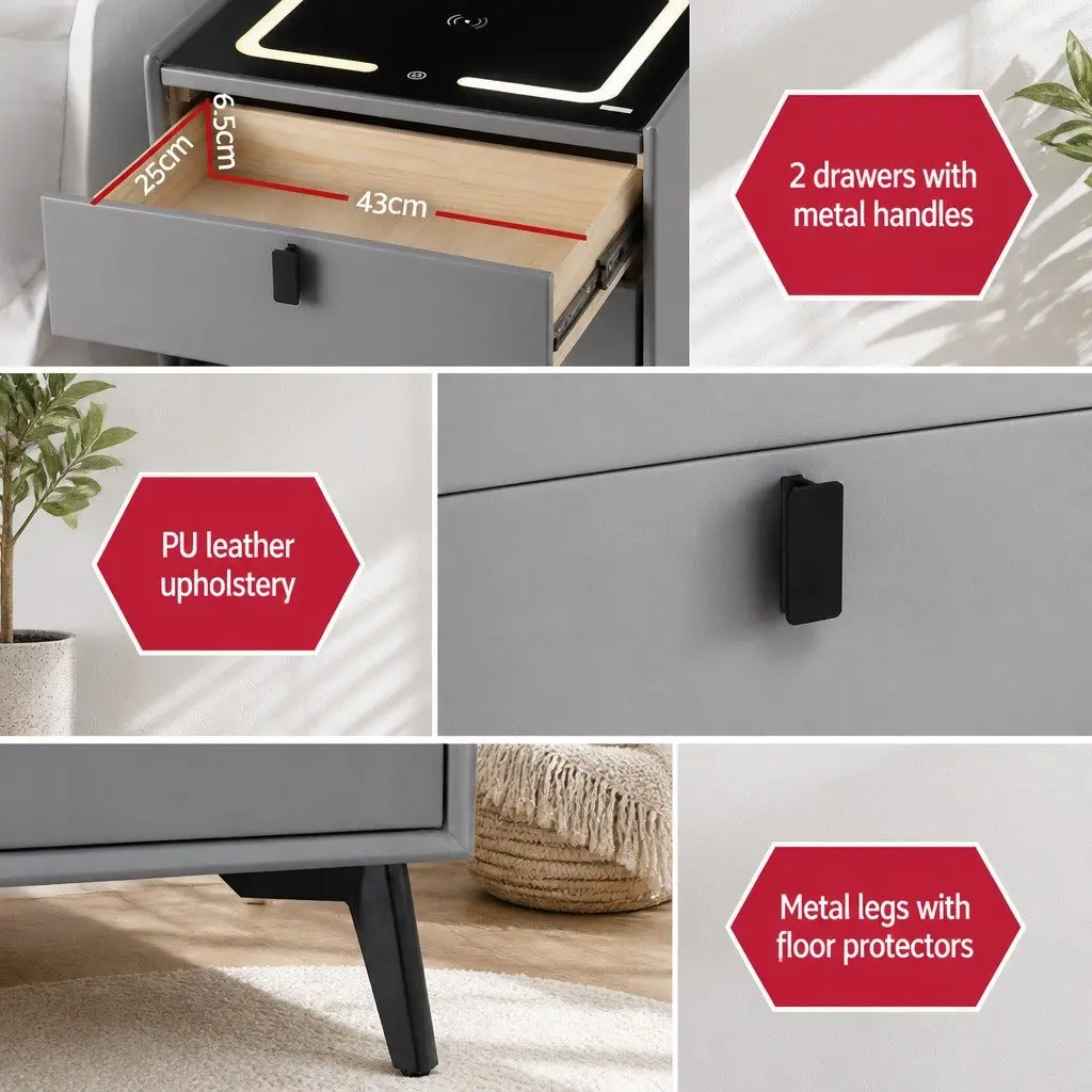 Bedside Table with Wireless Charging and USB Ports