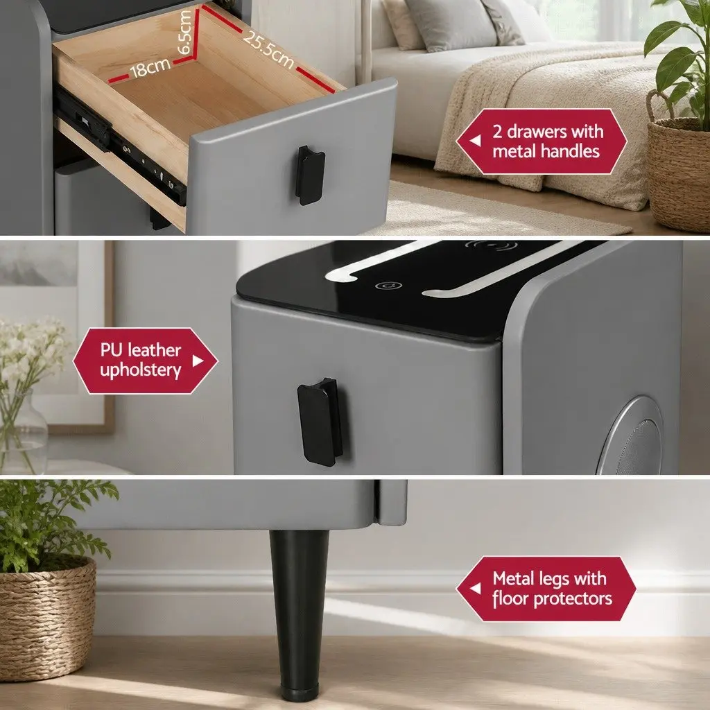 Bedside Table with Bluetooth Speaker & Charging Ports