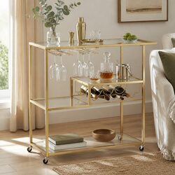 Elegant Gold Metal Bar Cart with Glass Shelves