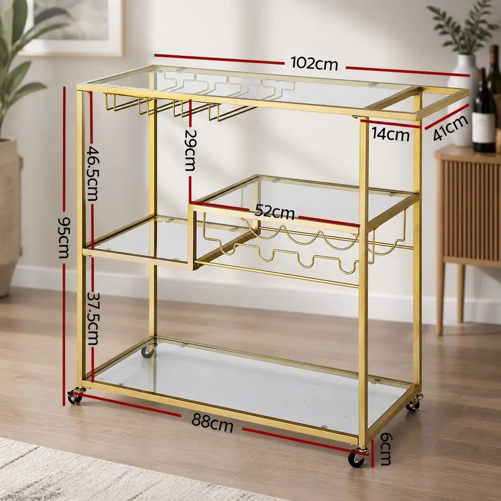 Bar Cart Gold Metal Frame 102cm Mirrored Tempered Glass Shelves Removable Wine Rack Glass Holder