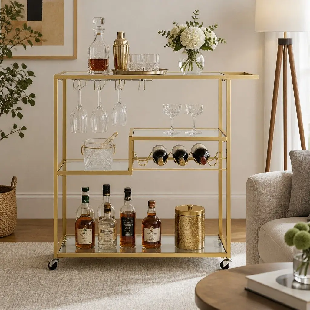 Bar Cart Gold Metal Frame 102cm Mirrored Tempered Glass Shelves Removable Wine Rack Glass Holder