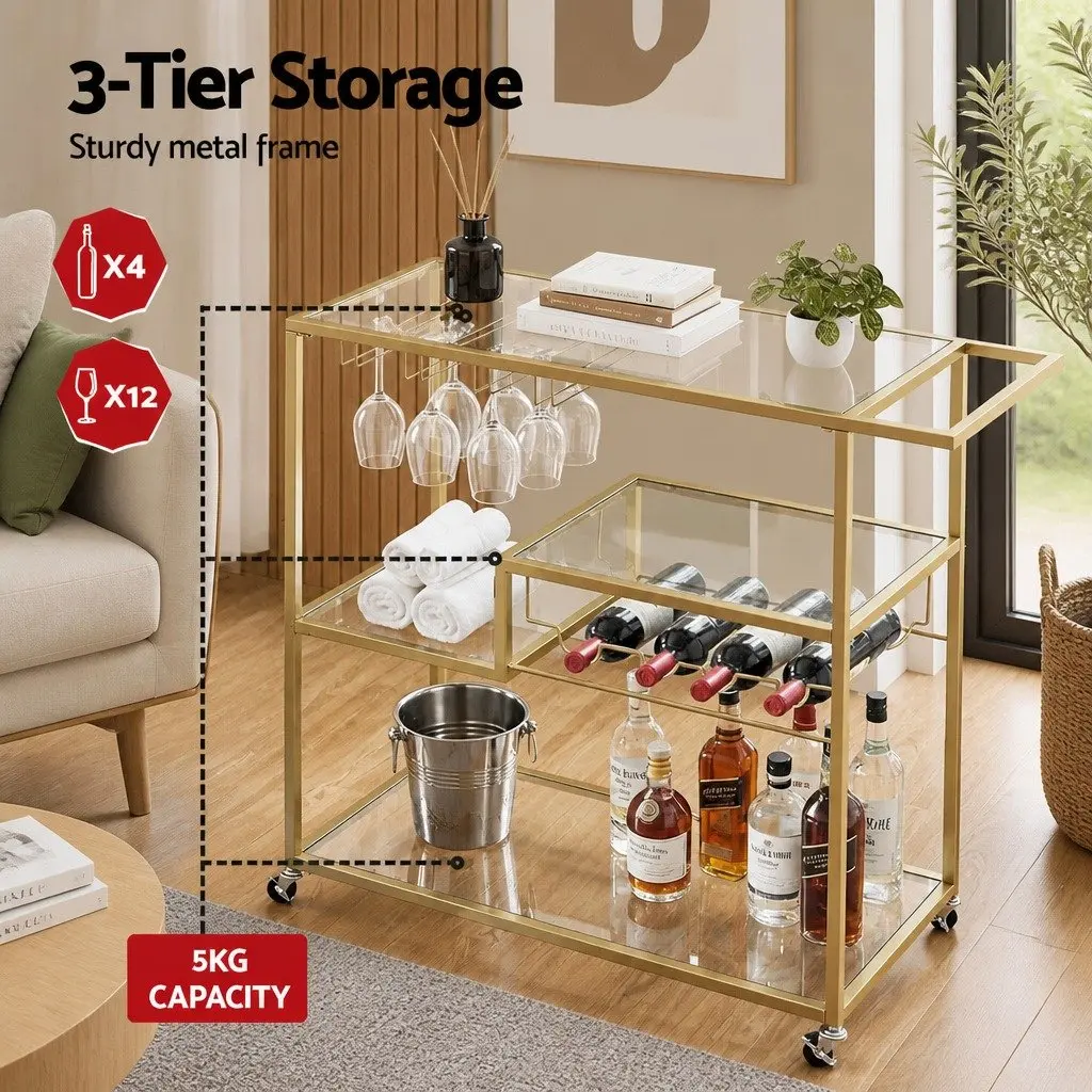 Bar Cart Gold Metal Frame 102cm Mirrored Tempered Glass Shelves Removable Wine Rack Glass Holder