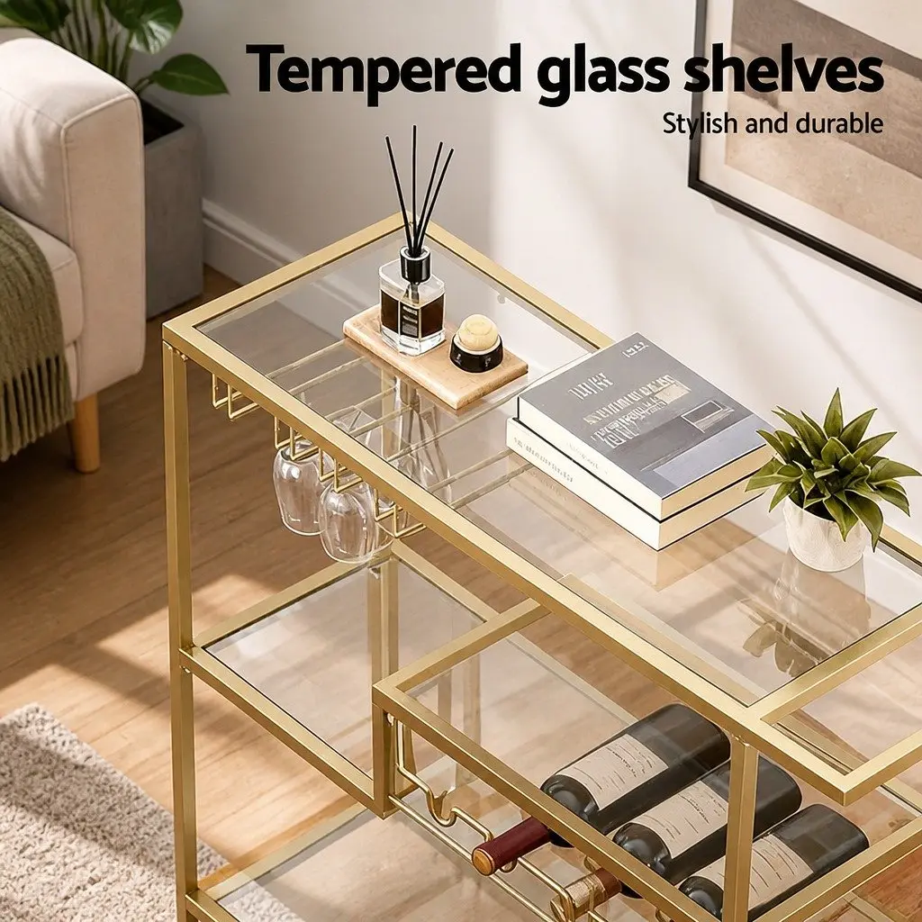 Bar Cart Gold Metal Frame 102cm Mirrored Tempered Glass Shelves Removable Wine Rack Glass Holder