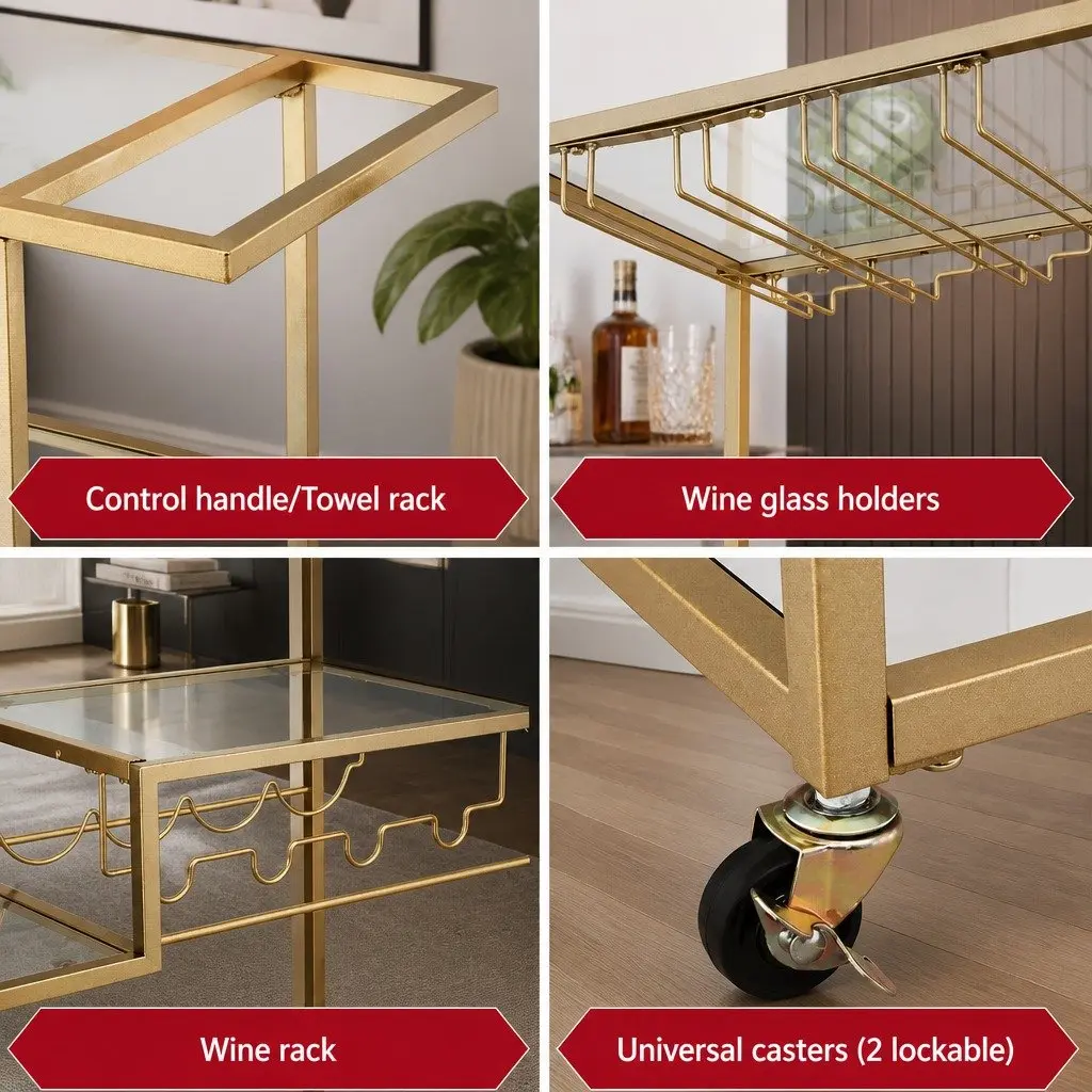 Bar Cart Gold Metal Frame 102cm Mirrored Tempered Glass Shelves Removable Wine Rack Glass Holder