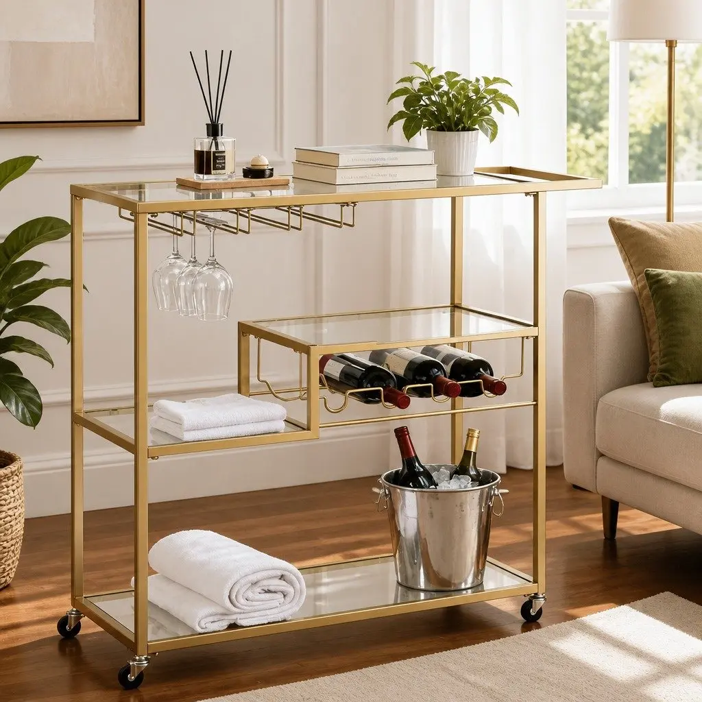 Bar Cart Gold Metal Frame 102cm Mirrored Tempered Glass Shelves Removable Wine Rack Glass Holder