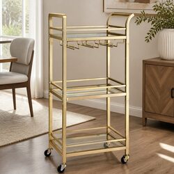 Gold Kitchen Island Cart with 3-Tier Glass Shelves