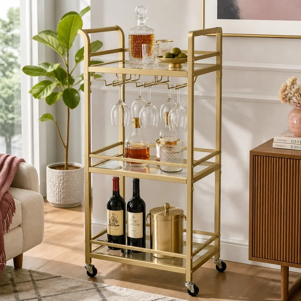 Kitchen Island Cart Trolley Gold 3-Tier Tempered Glass Metal 43cm