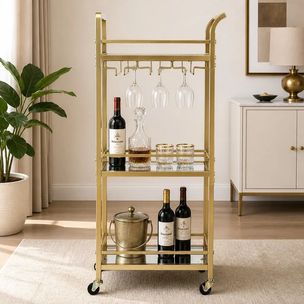 Kitchen Island Cart Trolley Gold 3-Tier Tempered Glass Metal 43cm