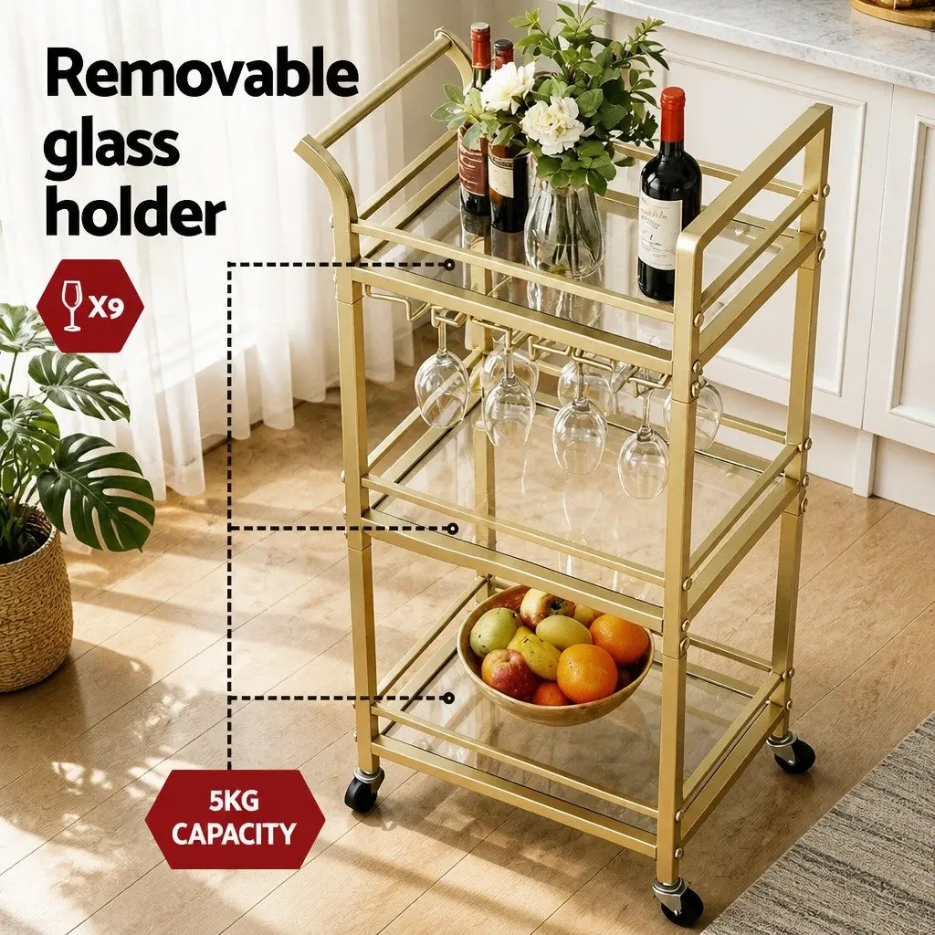 Kitchen Island Cart Trolley Gold 3-Tier Tempered Glass Metal 43cm