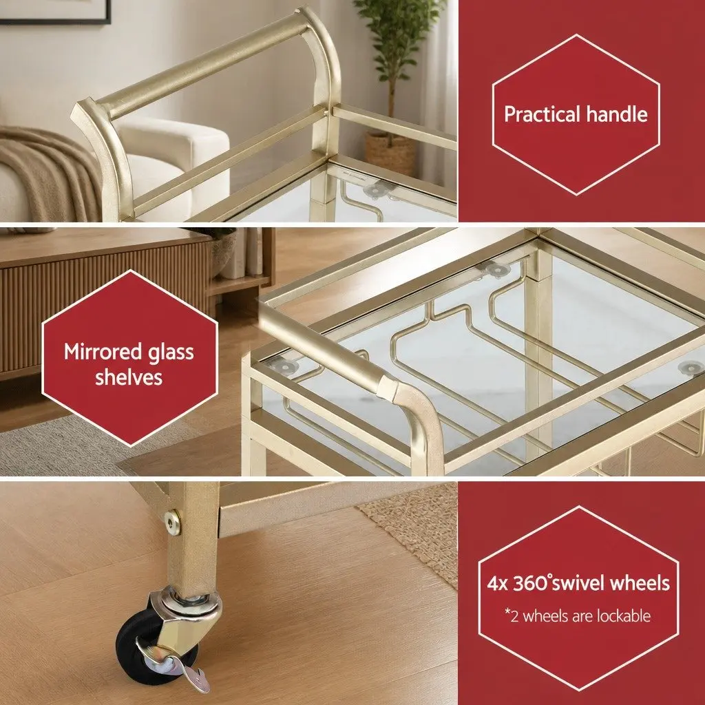 Kitchen Island Cart Trolley Gold 3-Tier Tempered Glass Metal 43cm