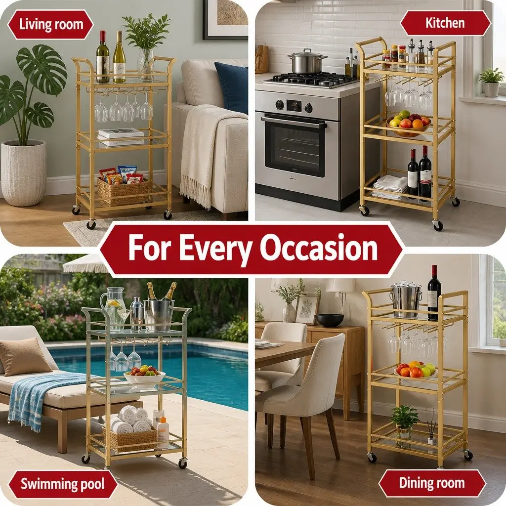 Kitchen Island Cart Trolley Gold 3-Tier Tempered Glass Metal 43cm