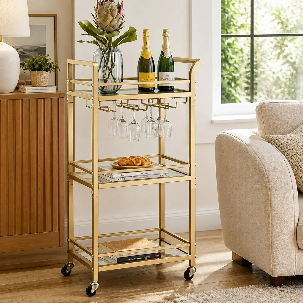 Kitchen Island Cart Trolley Gold 3-Tier Tempered Glass Metal 43cm