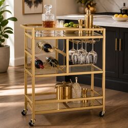 Gold Bar Cart with Mirrored Shelves and Hooks