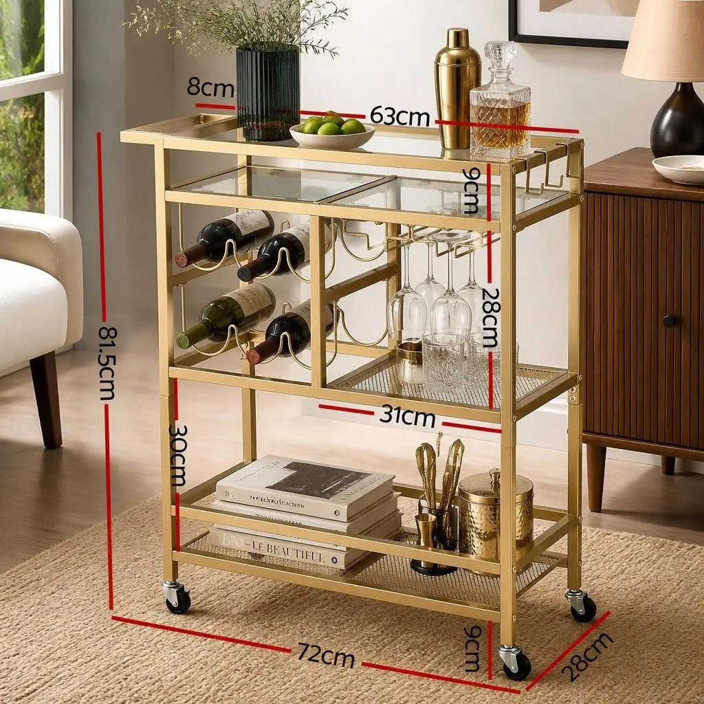 Bar Cart Gold Metal Frame Mirrored Tempered Glass Shelves 72cm Mobile Serving Trolley with Wine Rack and Glass Holder