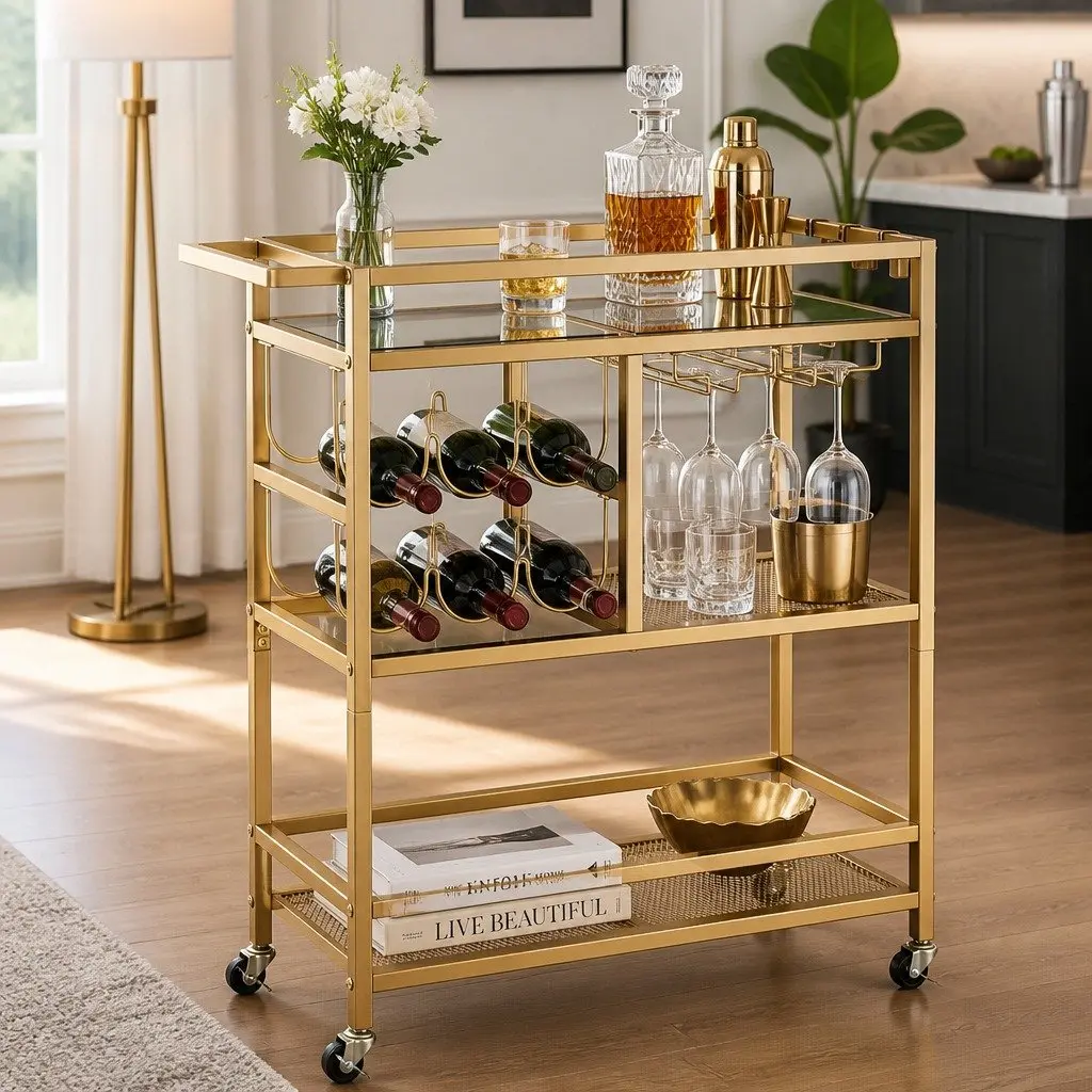 Bar Cart Gold Metal Frame Mirrored Tempered Glass Shelves 72cm Mobile Serving Trolley with Wine Rack and Glass Holder