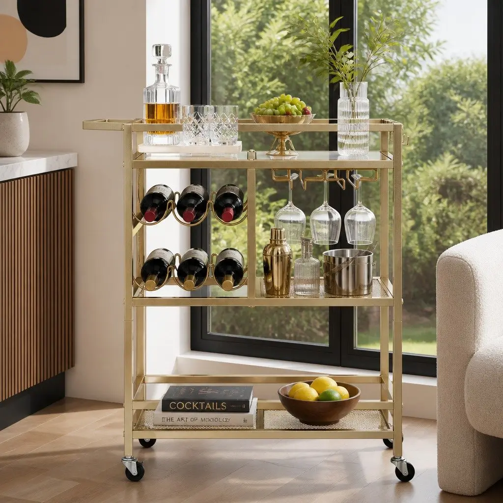 Bar Cart Gold Metal Frame Mirrored Tempered Glass Shelves 72cm Mobile Serving Trolley with Wine Rack and Glass Holder