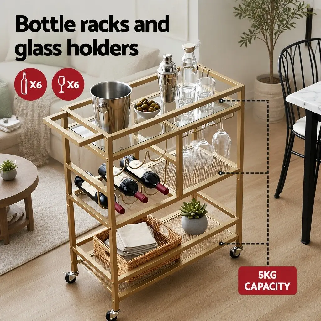Bar Cart Gold Metal Frame Mirrored Tempered Glass Shelves 72cm Mobile Serving Trolley with Wine Rack and Glass Holder