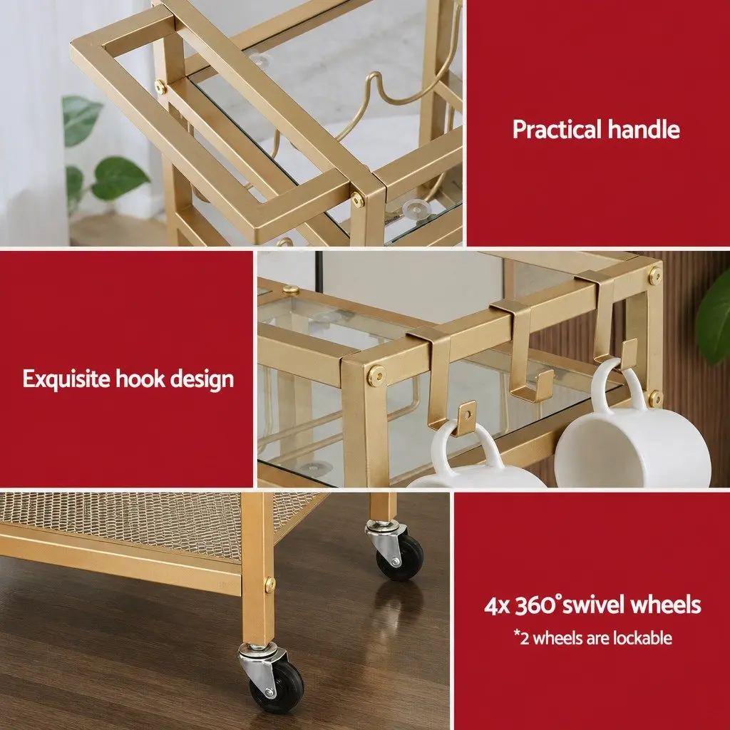 Bar Cart Gold Metal Frame Mirrored Tempered Glass Shelves 72cm Mobile Serving Trolley with Wine Rack and Glass Holder