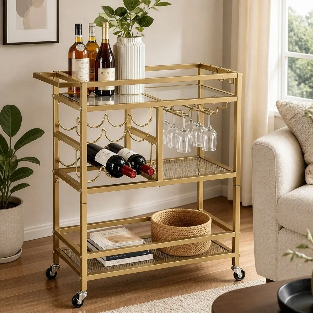 Bar Cart Gold Metal Frame Mirrored Tempered Glass Shelves 72cm Mobile Serving Trolley with Wine Rack and Glass Holder